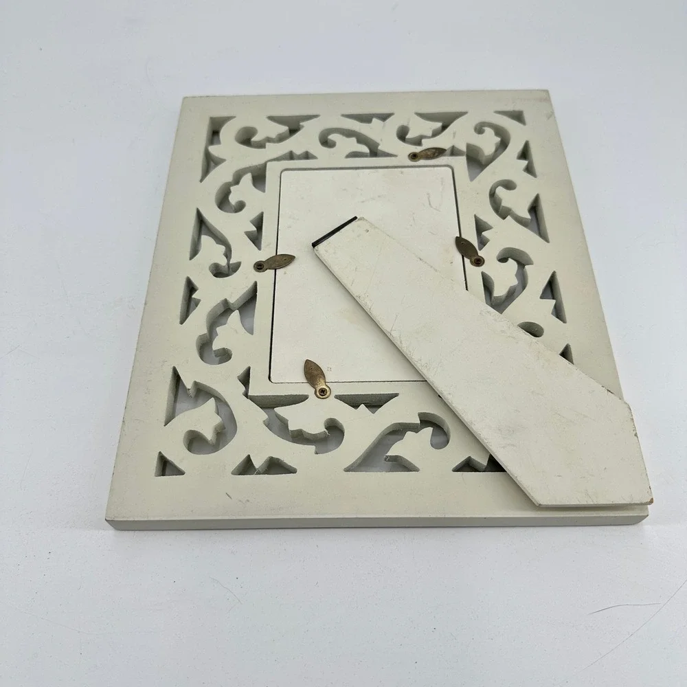 Ornate Distressed Cream Wood Scrollwork Tabletop Picture Frame Shabby Chic